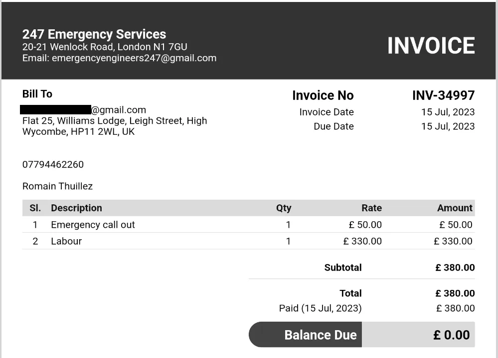 The invoice of the electrician that came to fix hot water